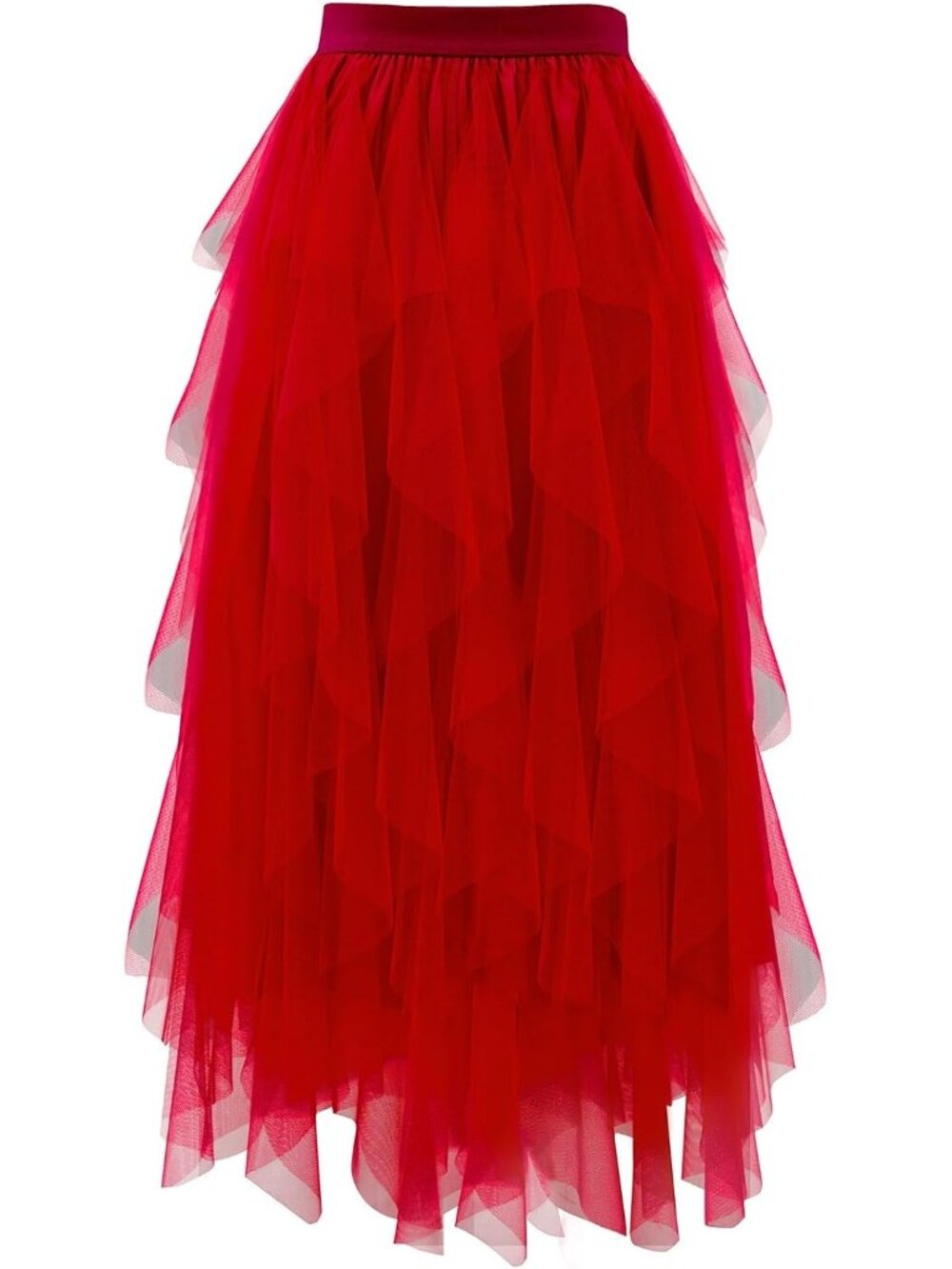 Women's Wine Red High Waist Layered Tulle Mesh Ruffle Asymmetric Midi Tutu Skirt
